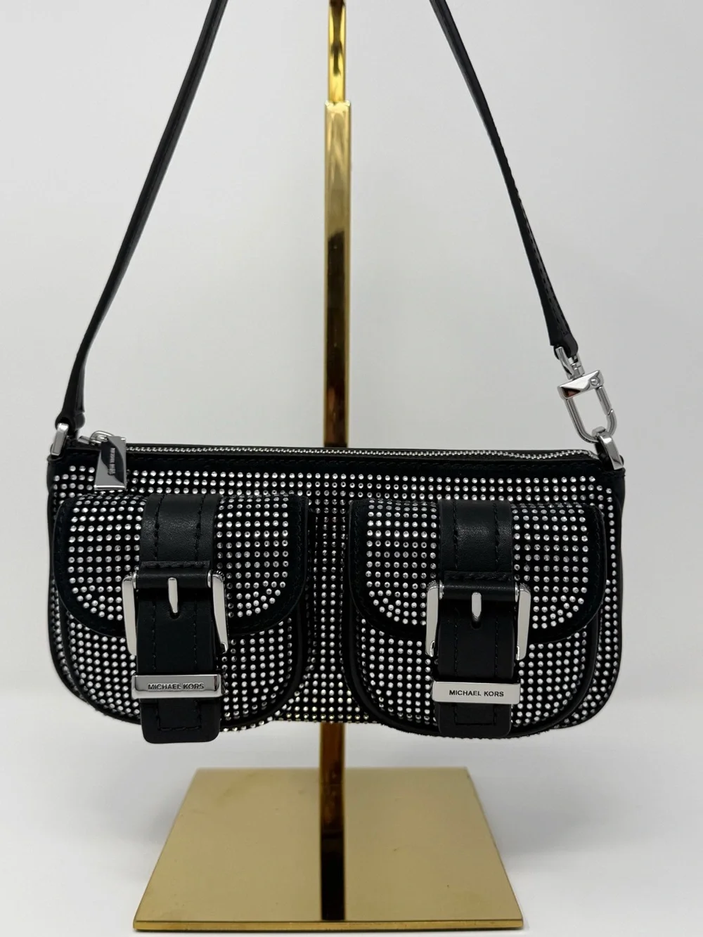 Michael Kors Zoe Black Rhinestone Suede Pochette Shoulder Bag Y2K
